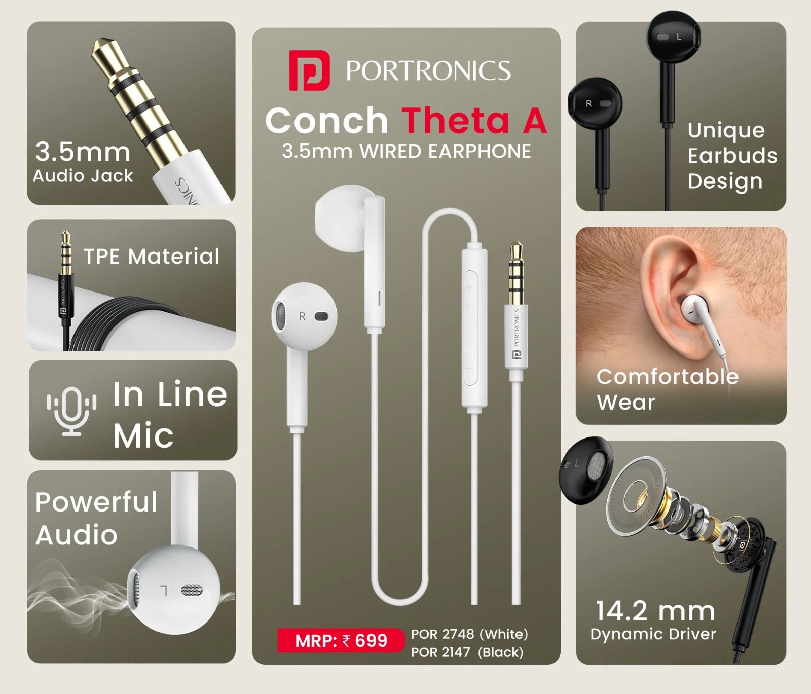 Portronics Conch Theta A in Ear 3.5mm Wired Earphones with In Line HD Mic, Powerful Audio, 14.2mm Dynamic Driver, Unique Earbuds Design, TPE Anti Tangle Wire,In line Controls,Wide Compatibility - Assorted Color_0