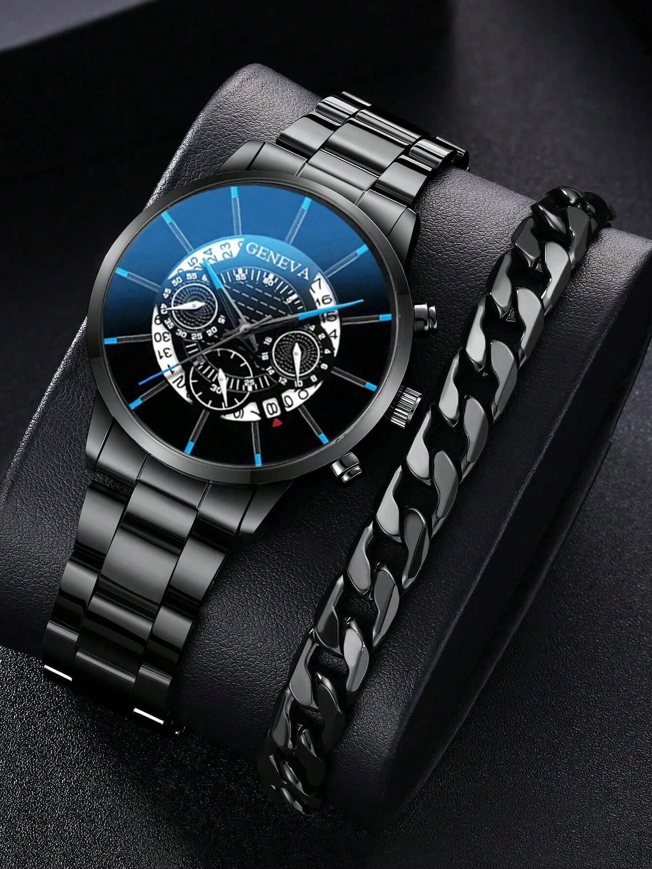 2pcs/Set Men Watch Men's Stainless Steel Quartz Watch_0