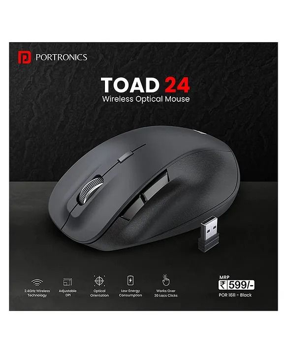 Portronics Toad 24 Wireless Mouse, with 2.4 GHz USB Nano Receiver, Adjustable DPI up to 1600, Dual-Function Scroll Wheel, for Laptop, Mac, PC (Black)_1