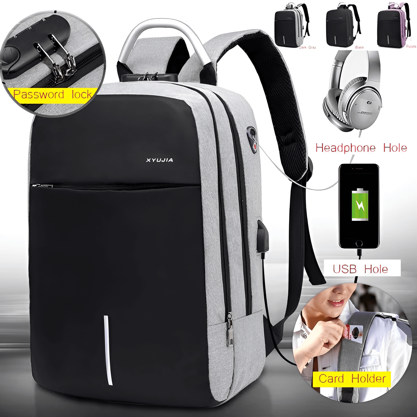 3-Digit Anti-Theft Lock Laptop Backpack Travel School Bag With USB Charging Port_0