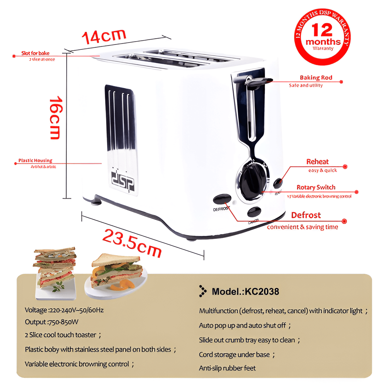 DSP Electric Toaster 850W Model KC2038_3