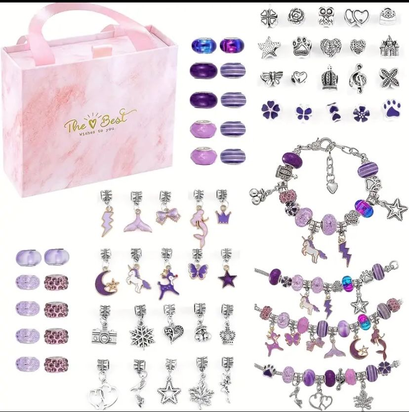 66Pcs Unicorn Mermaid DIY Charm Bracelet Making Kit - Create Unique Jewelry with Pink Craft Supplies - Perfect Gift for Birthday, Christmas, New Year, and Crafting Enthusiasts_2