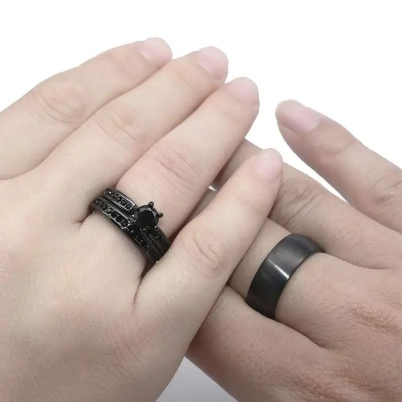 1pc Charming Black Stainless Steel Couple Ring Set _0