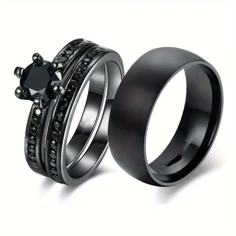 1pc Charming Black Stainless Steel Couple Ring Set _1