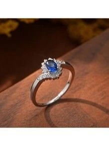 1pc Trendy Cubic Zirconia Inlay Oval Blue Ring_0