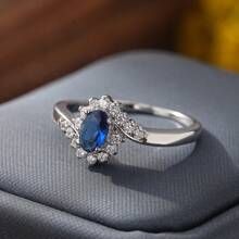 1pc Trendy Cubic Zirconia Inlay Oval Blue Ring_1