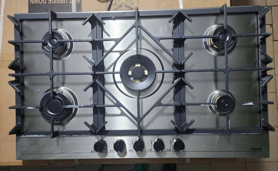 FIESTA 90×60 Built-in Gas Hob, 5-Gas Burners, Auto Ignition, Cast Iron Pan Supports, Euro Pool Gas Burners -Stainless Steel_0