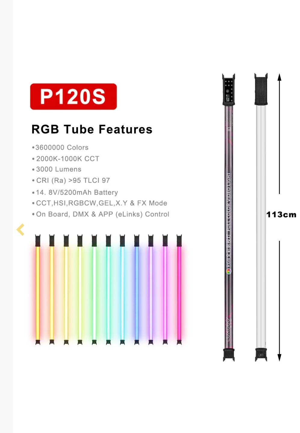 Bastão de Led tubular Lexceo P120S 113cm RGB 30W APP DMX_6