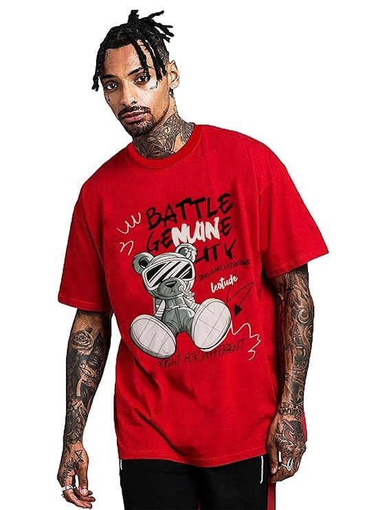 LEOTUDE-Half Sleeve Oversized Printed T-Shirt for Men, Round Neck Longline Drop Shoulder Colorful Printed Combo T-Shirt_2