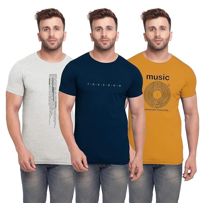 BULLMER Mens Regular Fit Printed Round Neck Cotton Tshirt Pack of 3_0