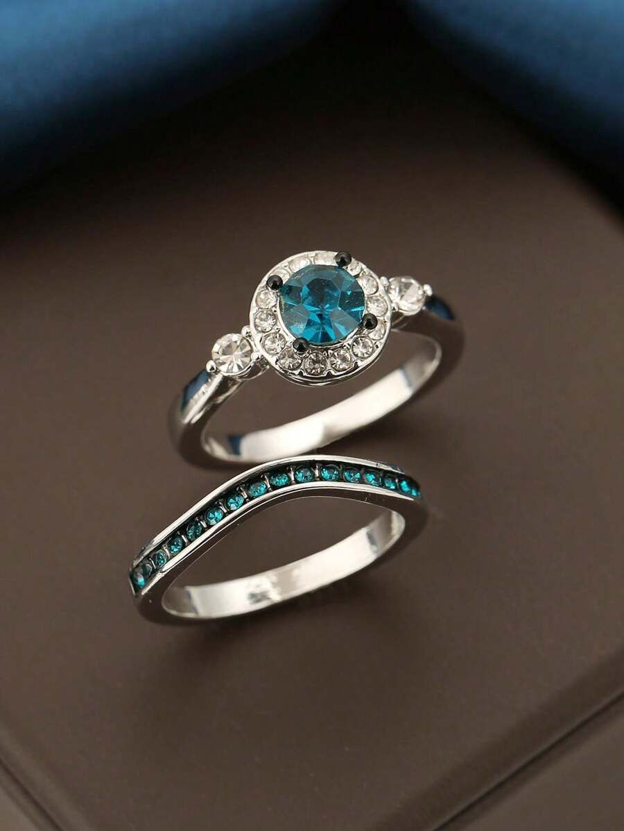 2pcs Luxury Stacked Rings Inlaid Blue Zirconia Stone Ring,_0