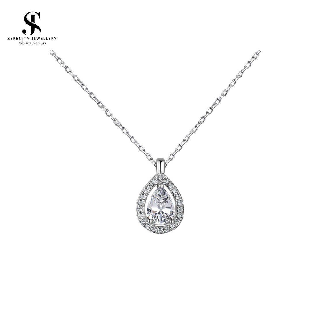 S925 Silver Zircon Pear Pendant Necklace _0