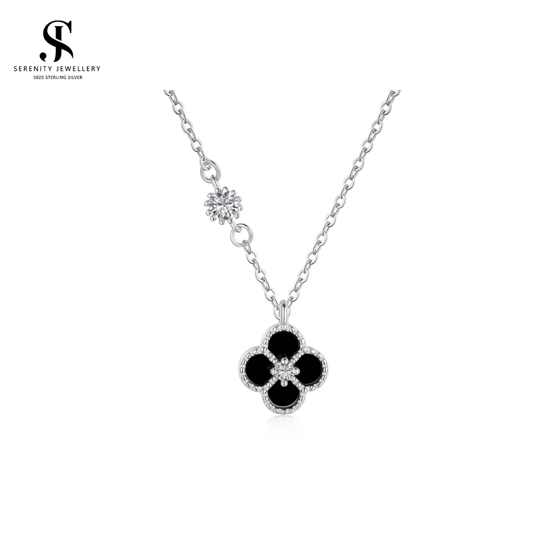 S925 Silver Black Onyx Clover Necklace_0