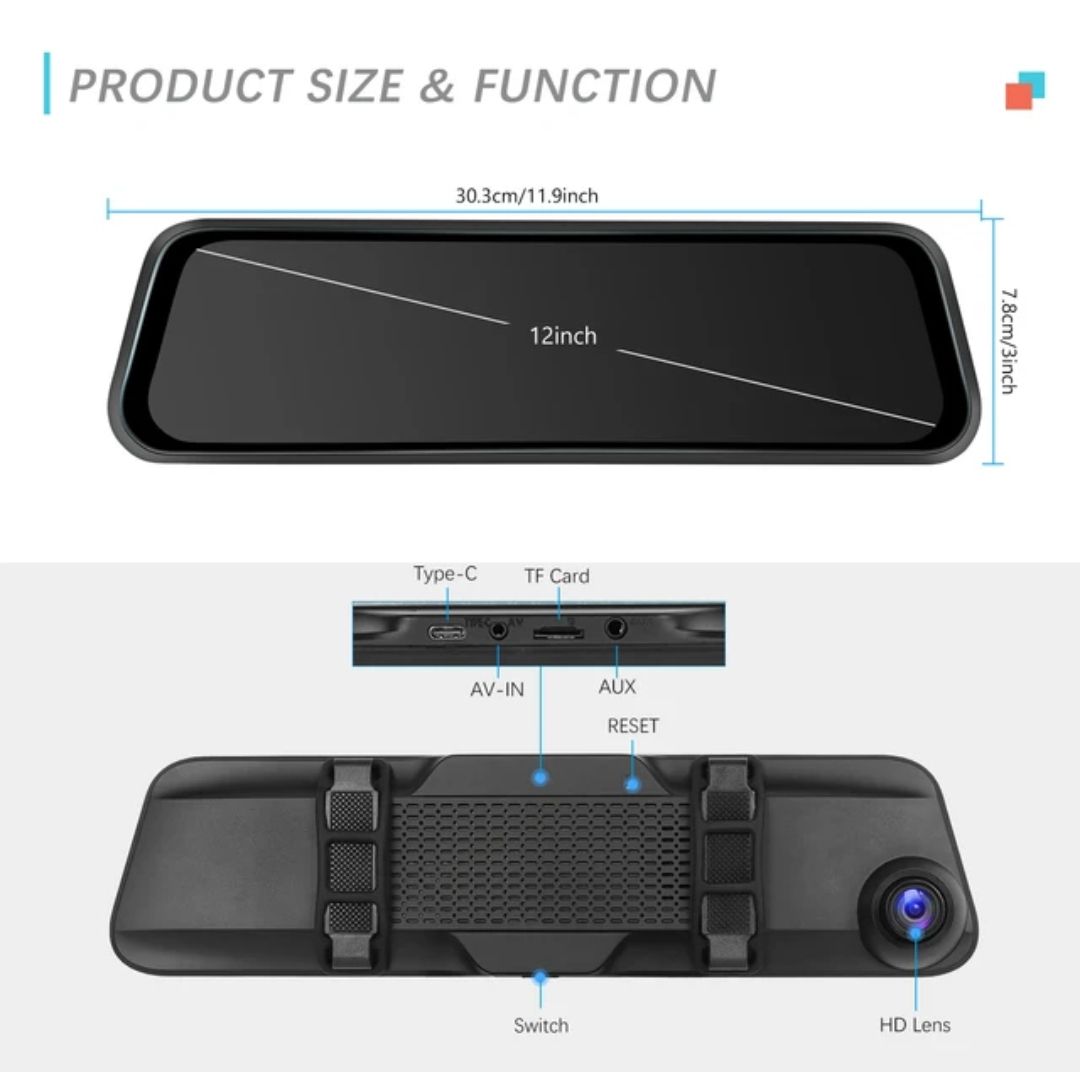 Espelho retrovisor 12 polegadas com Dashcam DVR 4K rádio FM Wi-Fi NOVO_4