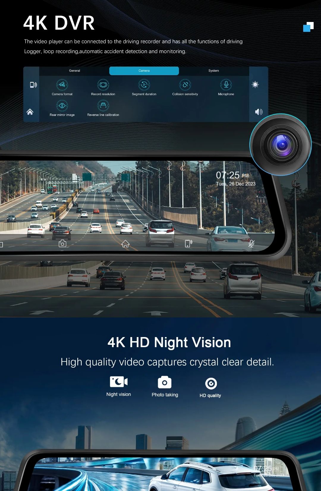 Espelho retrovisor 12 polegadas com Dashcam DVR 4K rádio FM Wi-Fi NOVO_8