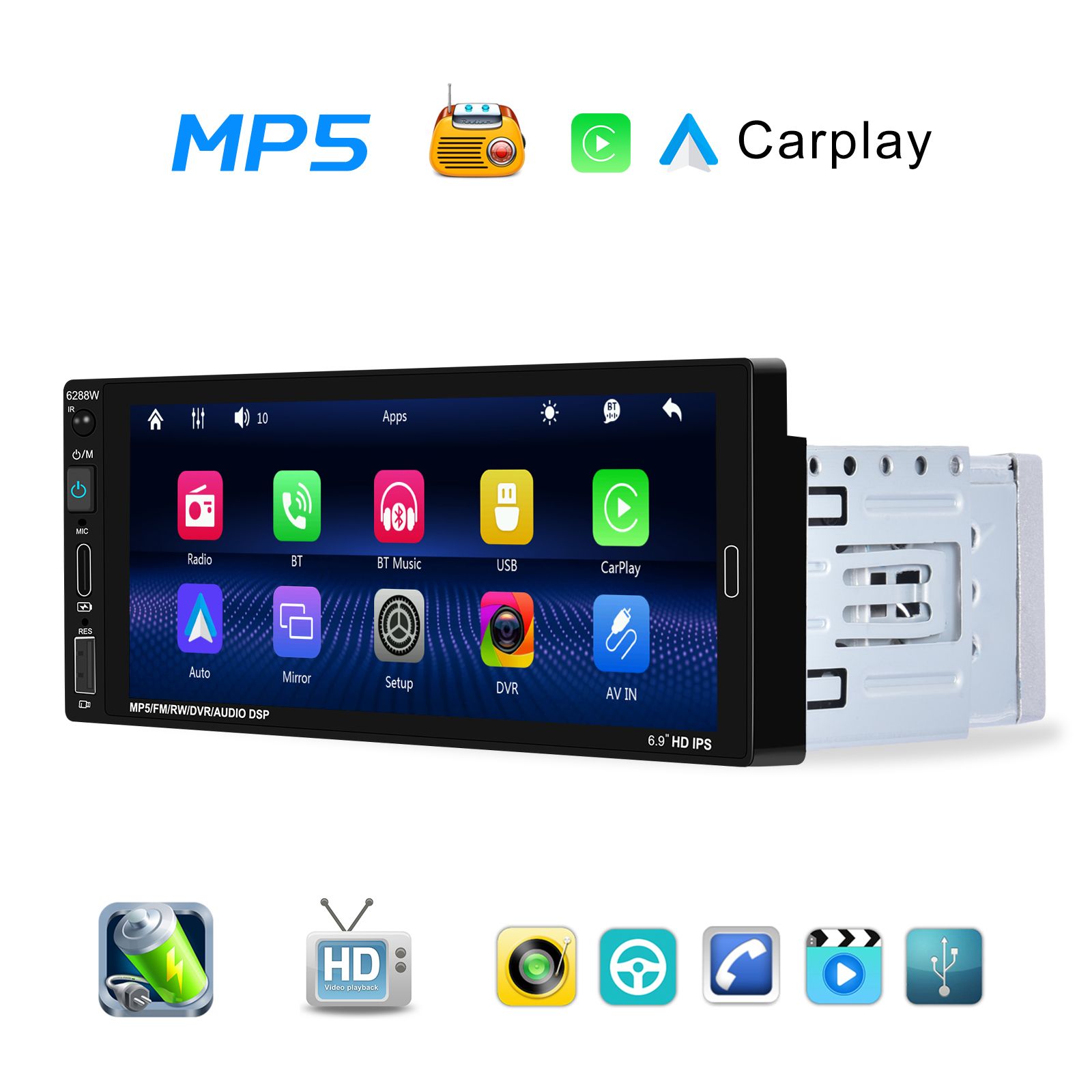 Rádio 1din 6,89 polegadas Touch CARPLAY Android Auto USB FM_0