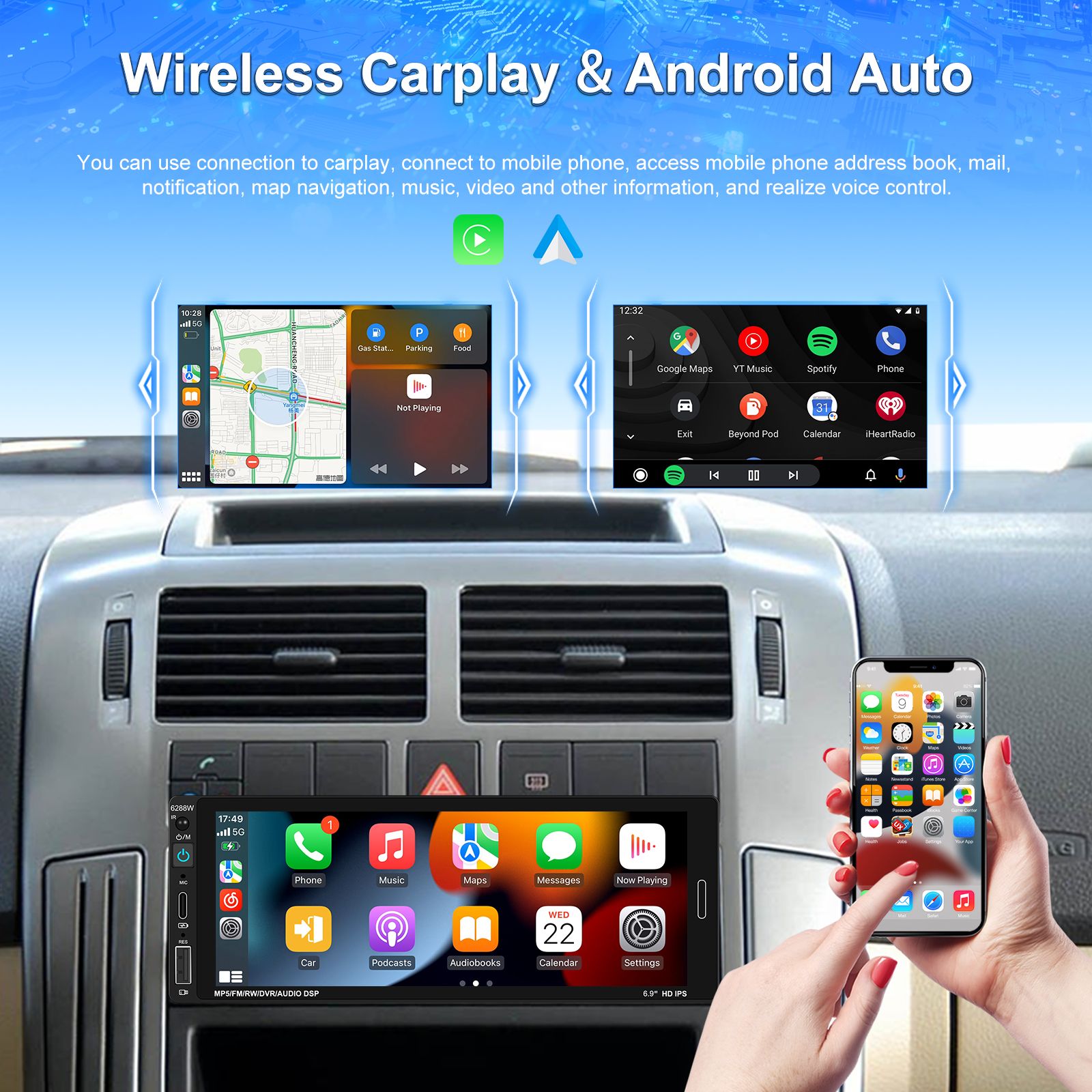 Rádio 1din 6,89 polegadas Touch CARPLAY Android Auto USB FM_5