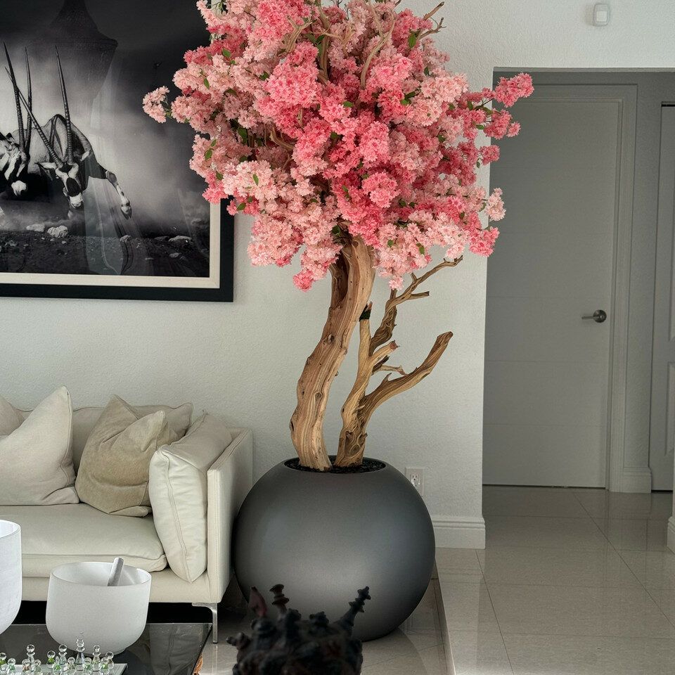 Two tone cherry blossom in a matte brown metal planter_0