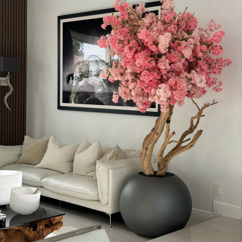 Two tone cherry blossom in a matte brown metal planter_1