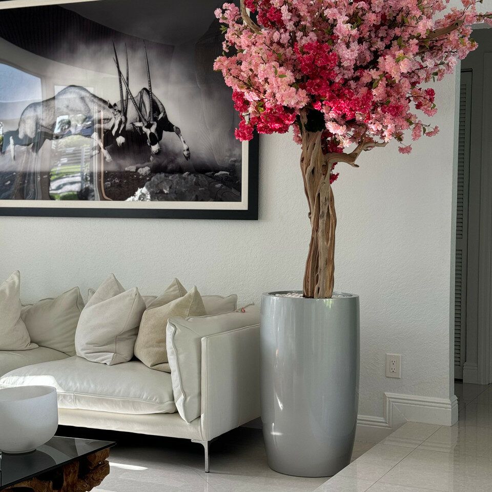 Pink cherry blossom tree in a glossy silver Lisbon planter _3