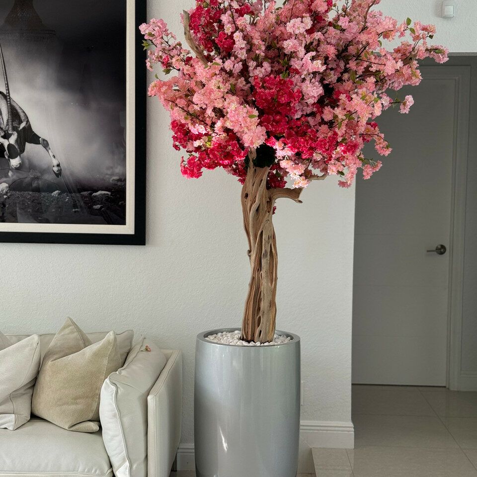 Pink cherry blossom tree in a glossy silver Lisbon planter _4