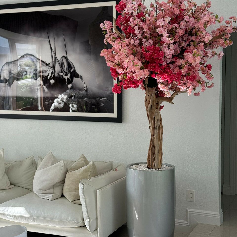 Pink cherry blossom tree in a glossy silver Lisbon planter _1