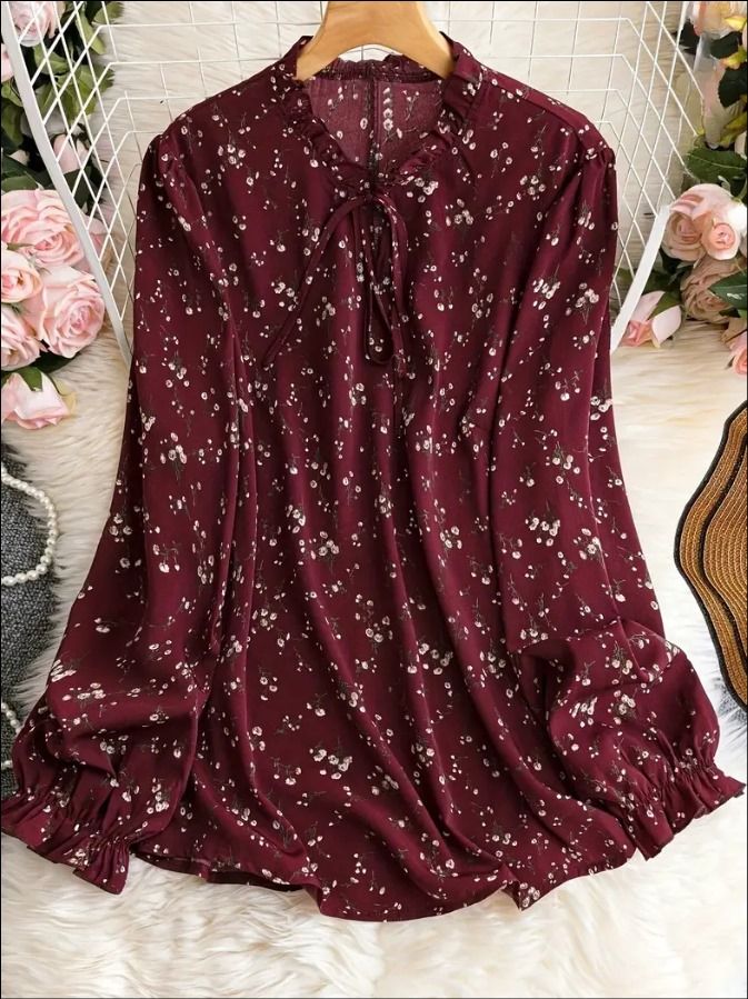 Floral Print Tie Neck Blouse (Maroon)_0