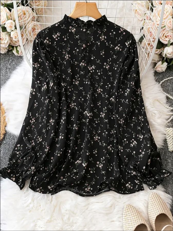 Floral Print Tie Neck Blouse (Black)_1