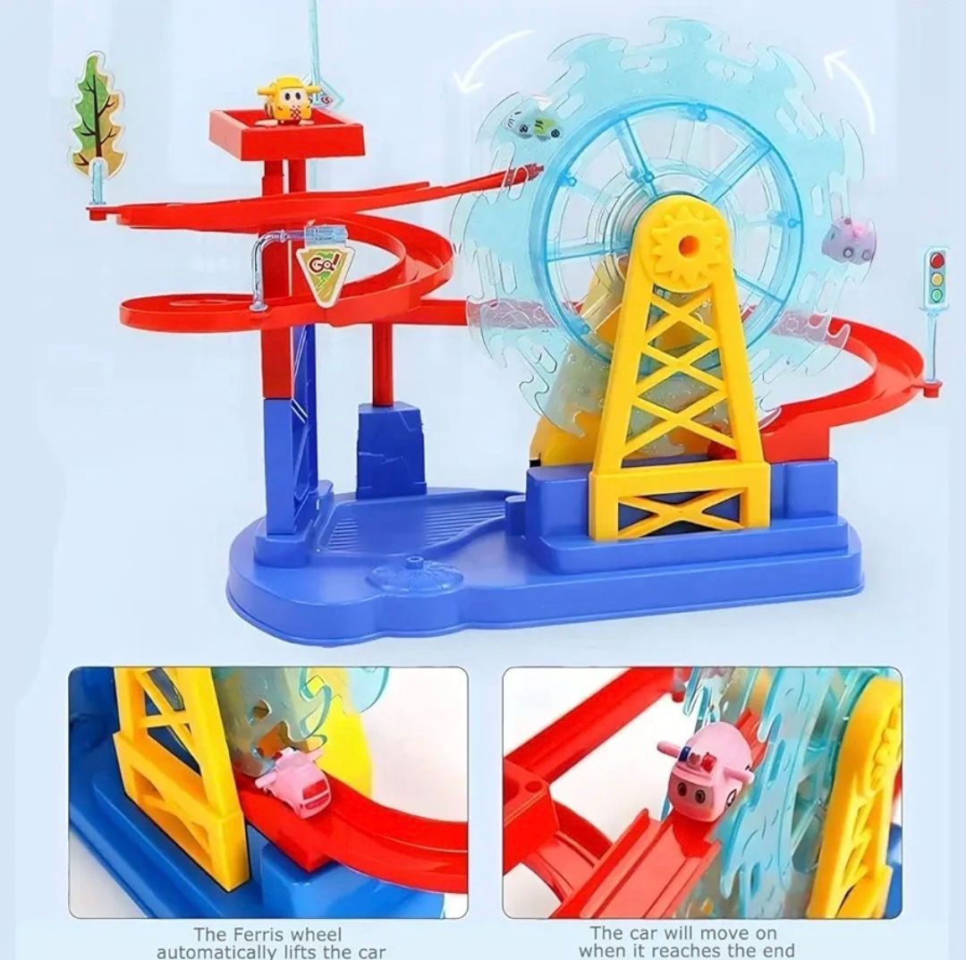 Ensemble de jeu de grande roue électrique, jouet de piste de toboggan de carnaval avec voitures à roues colorées, aventure de parc d'attractions à assembler avec lumière et son_2