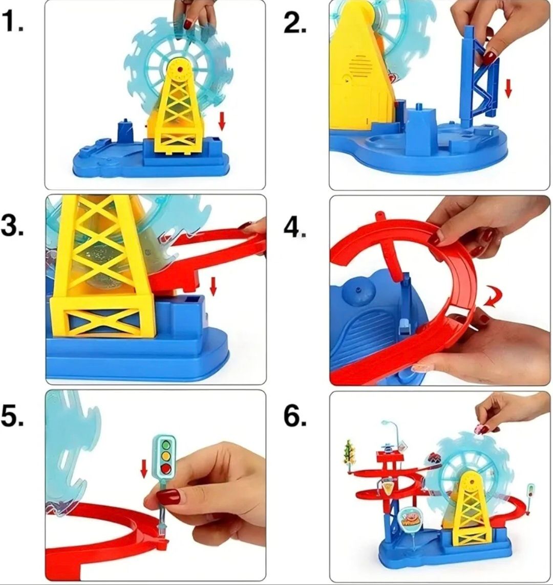 Ensemble de jeu de grande roue électrique, jouet de piste de toboggan de carnaval avec voitures à roues colorées, aventure de parc d'attractions à assembler avec lumière et son_3