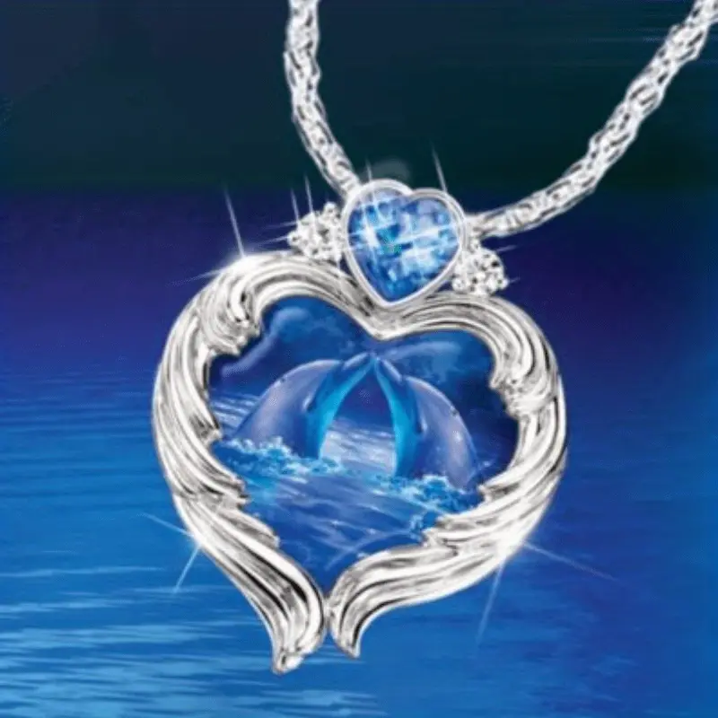 Girls Heart Dolphin Crystal Pendant Necklace_0