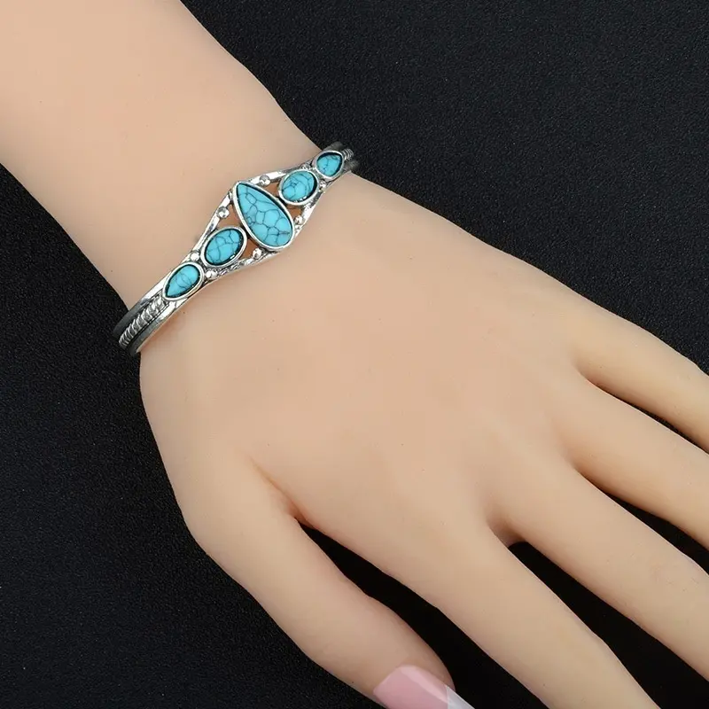 925 Sterling Silvery Bracelet, Vintage Turquoise Cuff Bangle, Adjustable Natural Stone Bracele_0