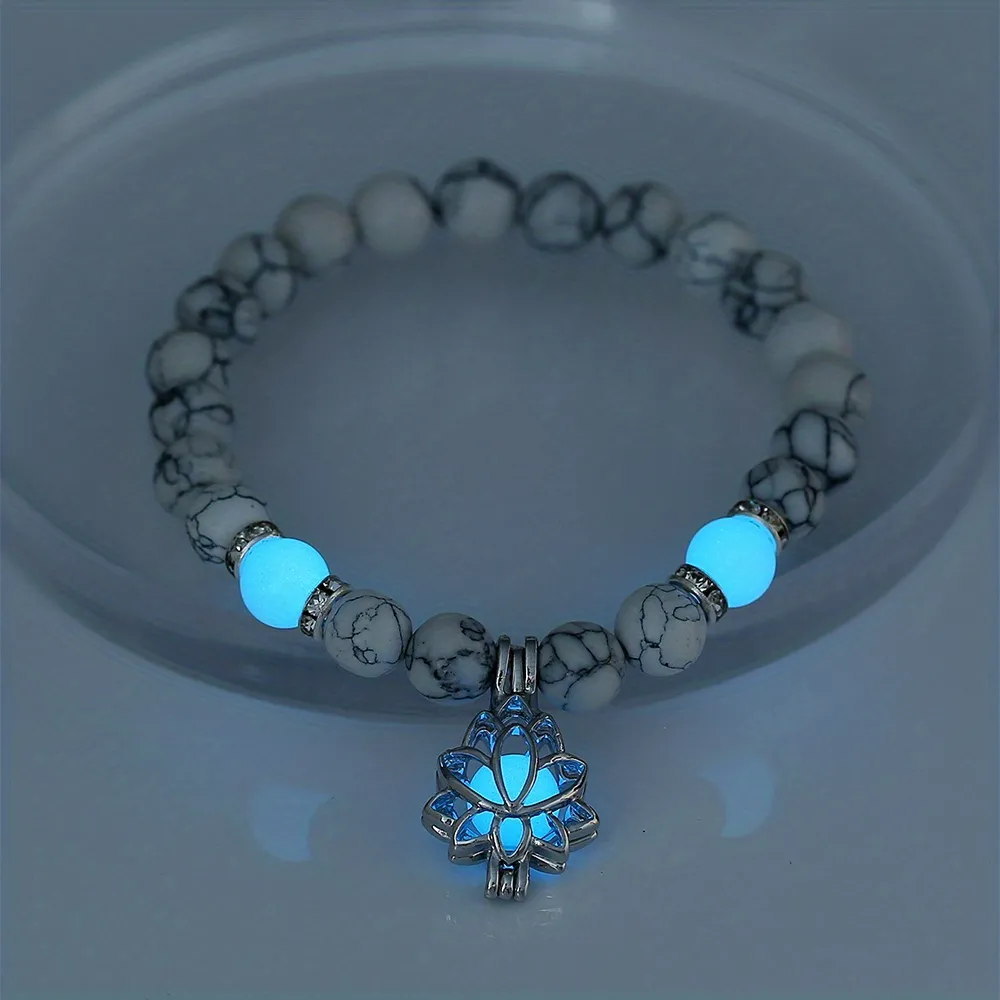 Marbling Stone Smooth Bracelet Hollow Lotus Shape Pendant With Luminous Glowing In The Dark Beads Stretchable Bracelet_0