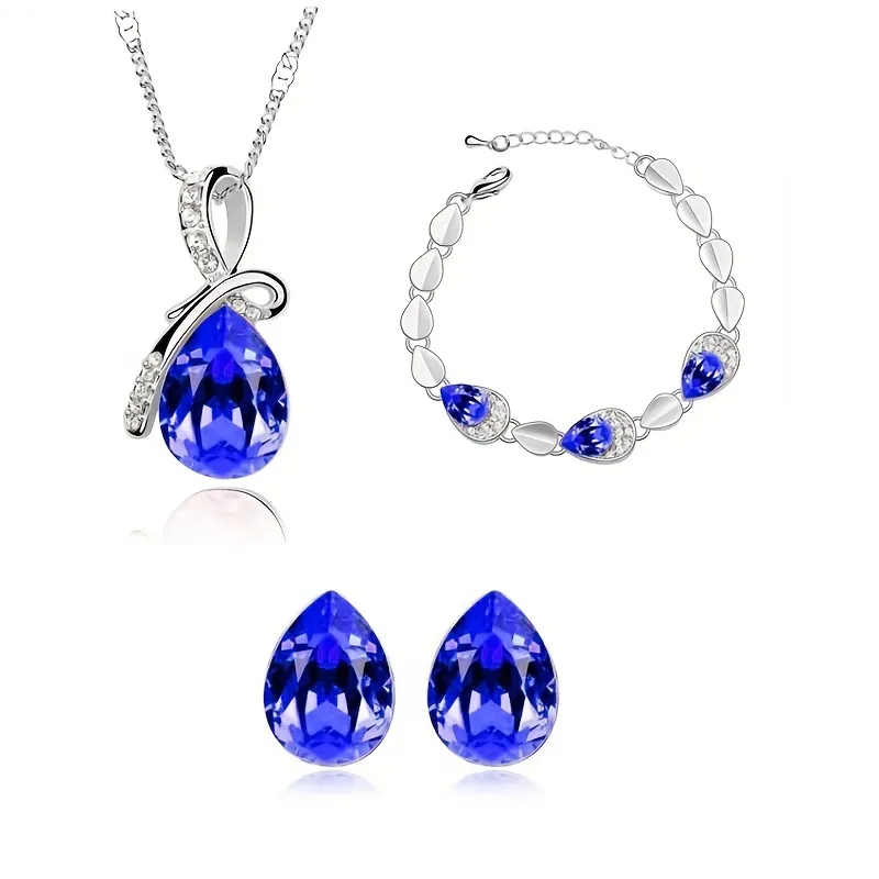 Personality Teardrop Shape Crystal Rhinestone Necklace & Stud Earrings & Bracelet Jewelry Set_0