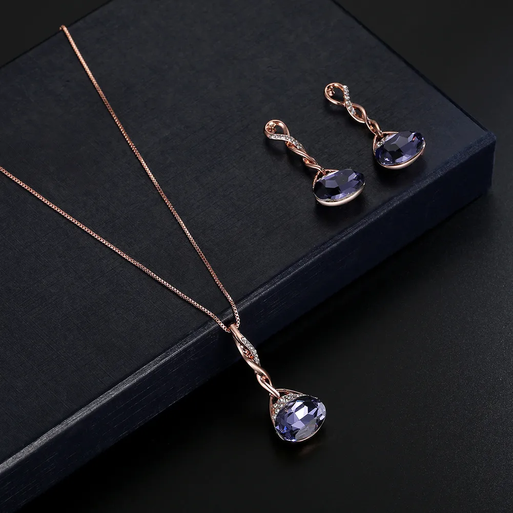 Fashion Simple Faux Crystal Pendant Necklace Earring Artificial Jewelry Set_1