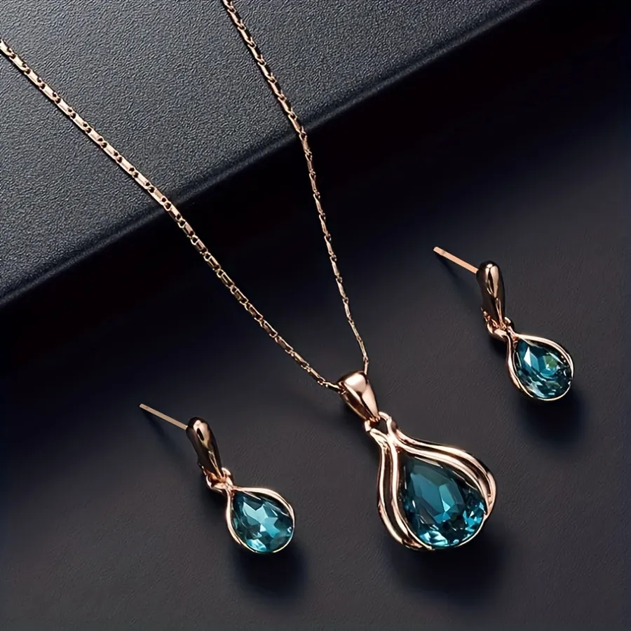 Blue Crystal Water Drop Necklace Studded Earrings Set Gem Stone Jewelry Women's Jewelry_0