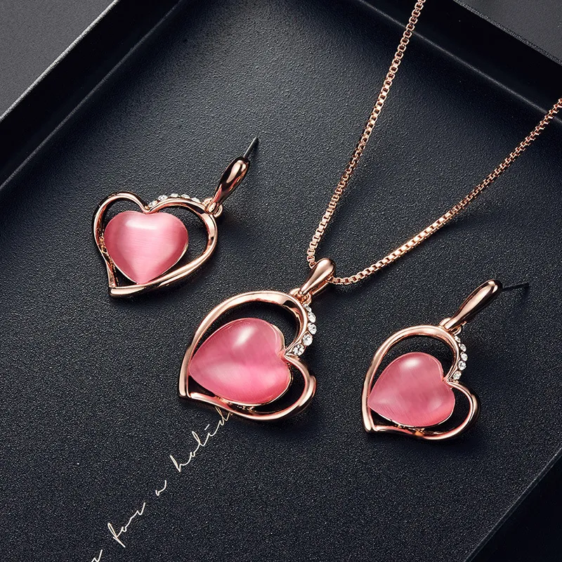 Romantic Love Heart Pendant Necklace & Stud Earrings Jewelry Set For Women Valentine's Day Gift_0