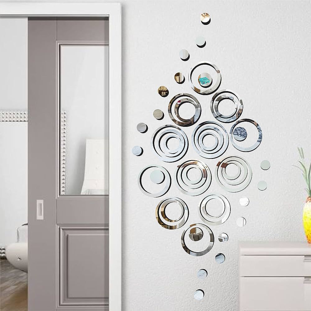 Silver Colour Ring Set Mirror 🪞 Stickers For Decoration (1 Piece Round Circle Mirror & 5 Piece Ring Mirror)-1 Set_1