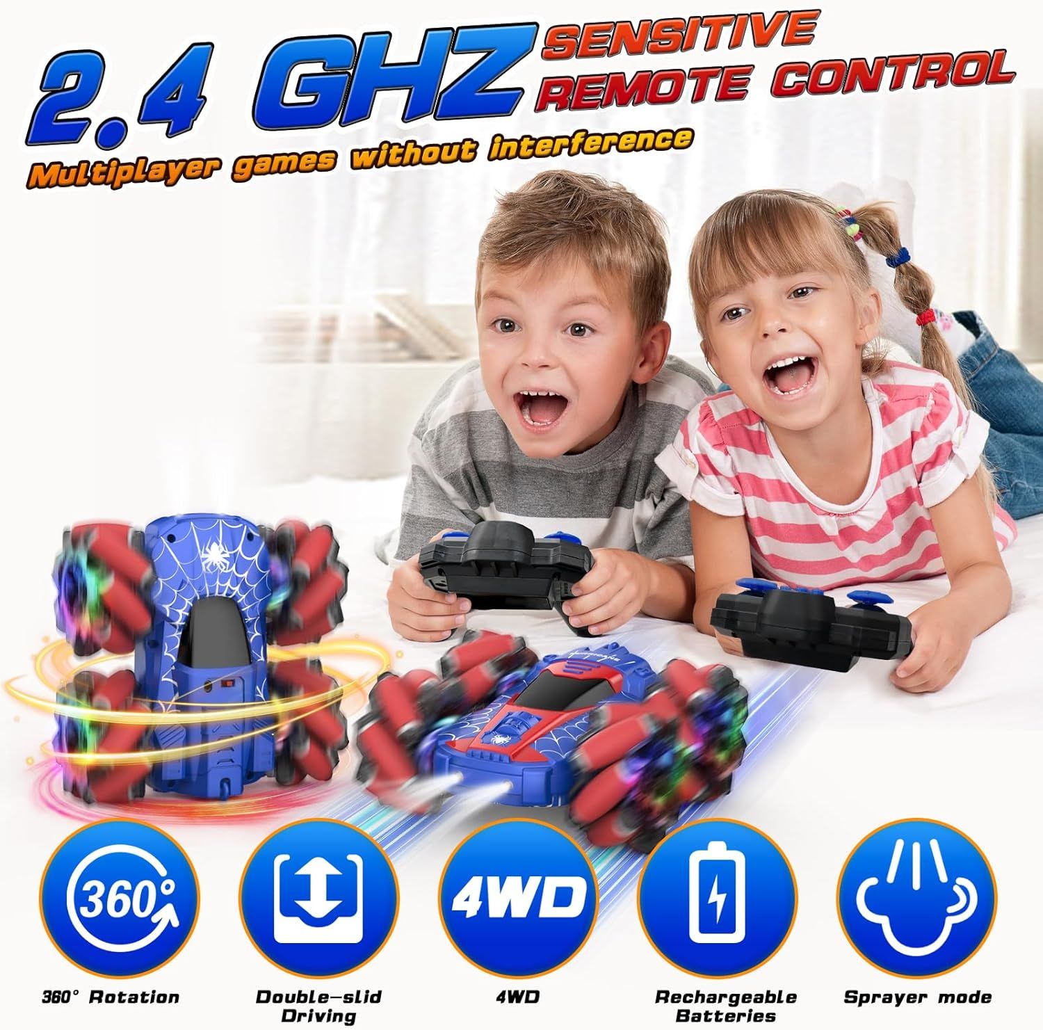 Voiture télécommandée NQD Spider, double face 360°Voitures RC tout-terrain rotatives 4 roues motrices avec musique, RC Stunt Car avec Cool Light 2.4 GHz Rechargeable Race Stunt Toy Car pour Garçons et Filles _2