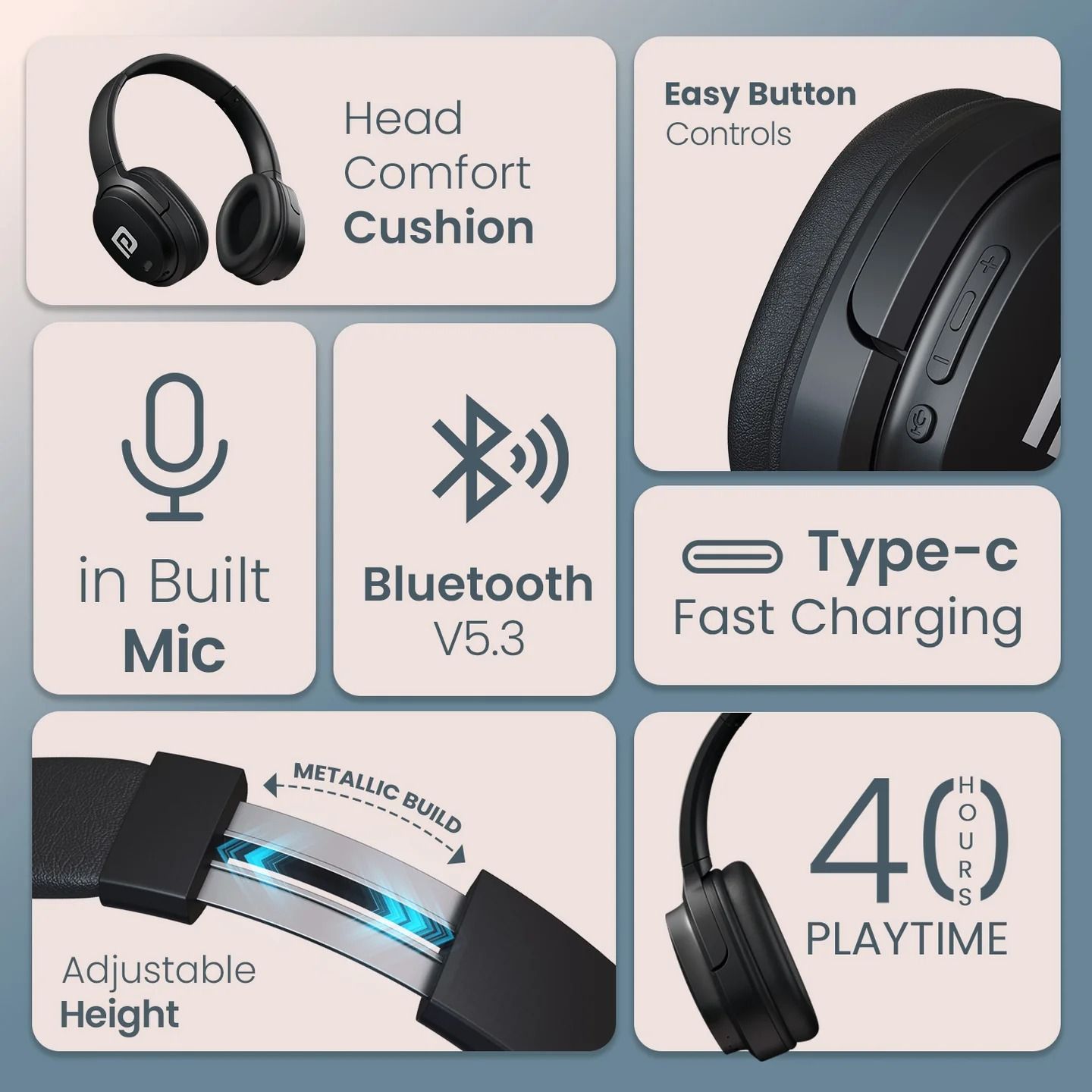 Portronics Muffs M4 Bluetooth Headphones Over Ear with Upto 40 Hrs Playtime | 40mm Dynamic Drivers  | Powerful Bass |In Built Mic | Type C Fast Charging - Assorted Color_2