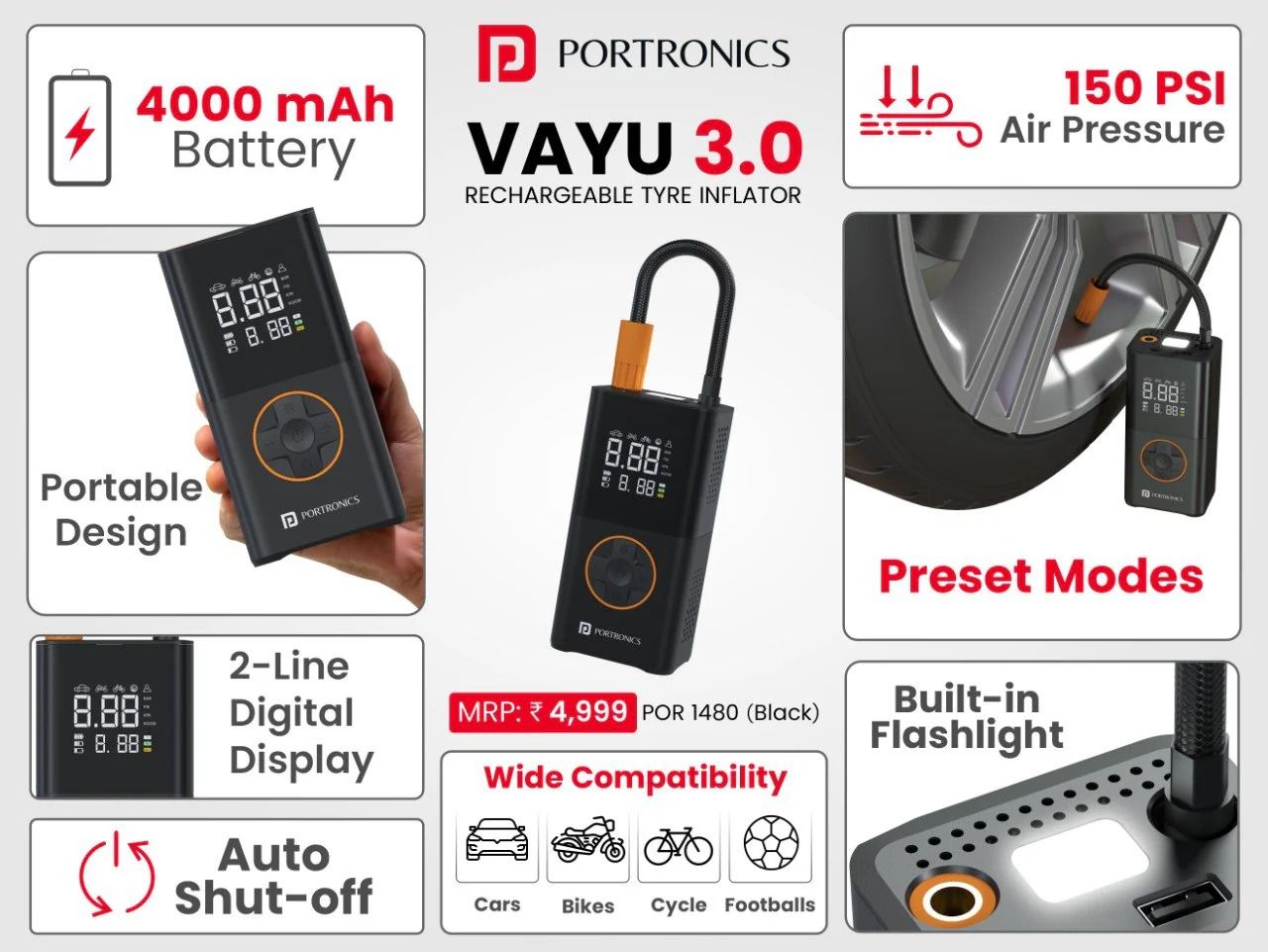 Portronics Vayu 3.0 tyre Inflator with 150 PSI Pressure, 4000 mAh Battery, Digital Display, Pressure Detection, Air Pump Compressor for Cars, Bikes, Bicycles & Balls(Black)_1