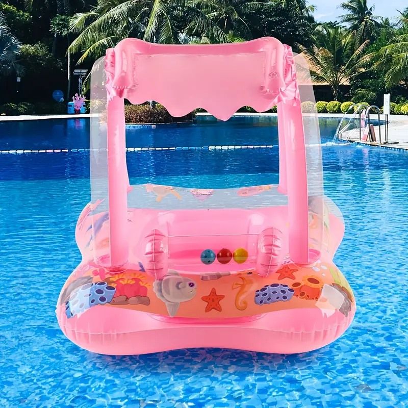 1pc Thickened Inflatable Sunshade Bell Seat Ring Blue Pink PVC Material Swimming Seat Ring Floating Ring Armpit Ring Beach Toy,_1