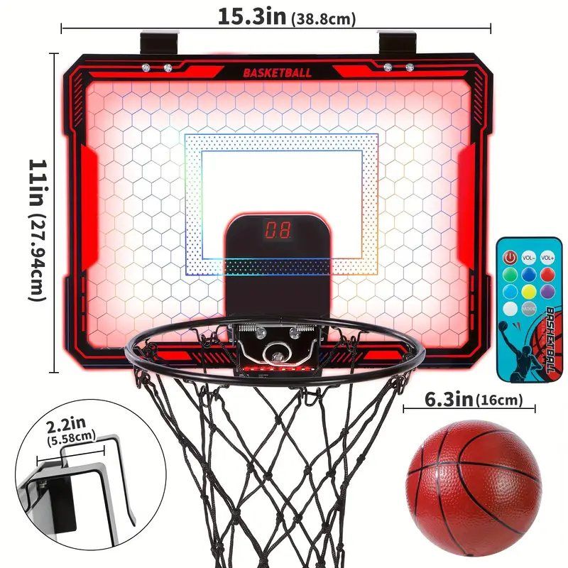 Basketball Hoop with Scoreboard, Color-Changing Backboard, and Wireless Remote Control - Durable PC Material, Ideal for Kids and Adults, Perfect for Bedroom, Office, and Outdoor Play - Red_2