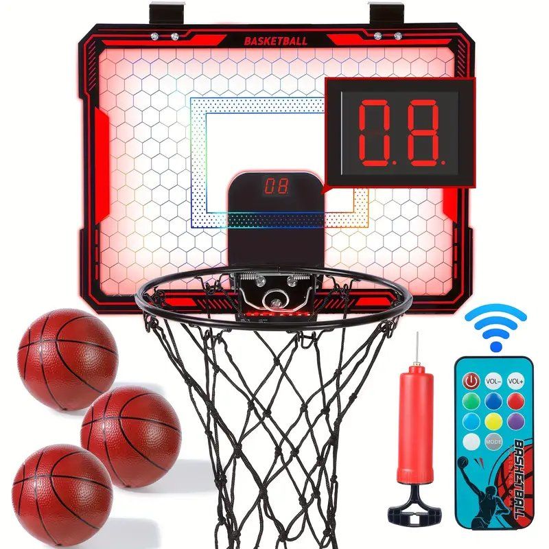 Basketball Hoop with Scoreboard, Color-Changing Backboard, and Wireless Remote Control - Durable PC Material, Ideal for Kids and Adults, Perfect for Bedroom, Office, and Outdoor Play - Red_0