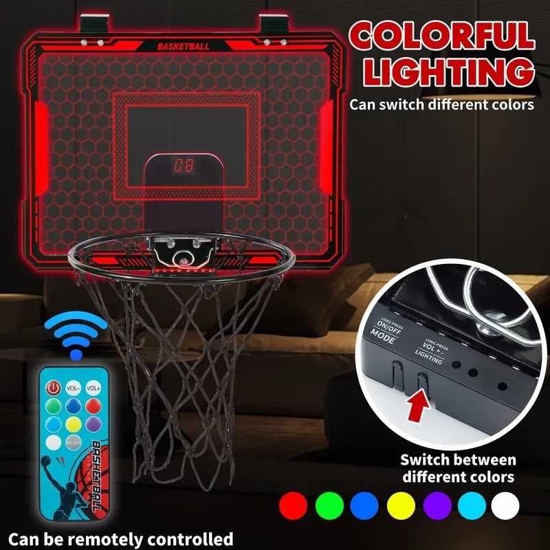 Basketball Hoop with Scoreboard, Color-Changing Backboard, and Wireless Remote Control - Durable PC Material, Ideal for Kids and Adults, Perfect for Bedroom, Office, and Outdoor Play - Red_1