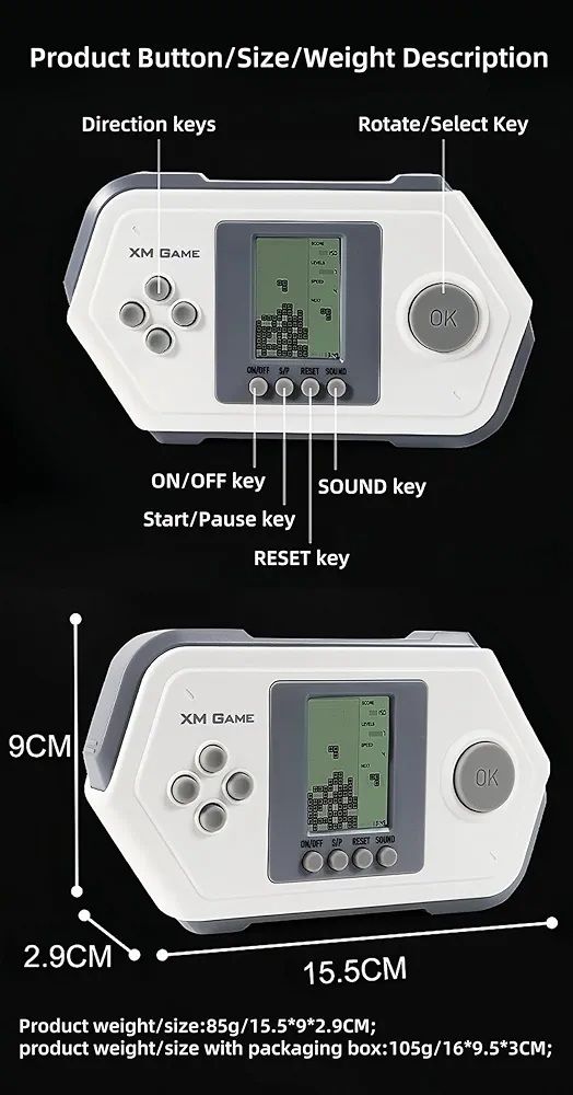 Tetris Console de jeu rétro HLF en forme de bloc cool 26 jeux de briques Bouton en silicone Alimenté par 2 piles AAA Vitesse/difficulté réglable Jouet de jeu portable pour enfants/adolescents/anniversaire _8