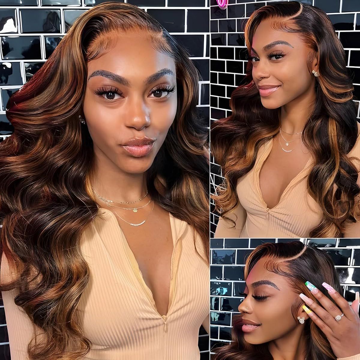 30 inch Highlight Body Wave Lace Front Wigs Human Hair Pre Plucked 200% Density FB/30 Ombre 13x6 Frontal Wigs Human Hair HD Lace Wig Glueless Balayage Wigs for Black Women Human Hair Bleached Knots _0