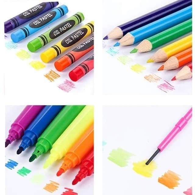 Kit de coloriage pour enfants, 208 pièces de luxe - Mallette de coloriage portable pour enfants débutants - Avec crayons de cire - Pastel à l'huile - Crayons aquarelle - Bleu_1