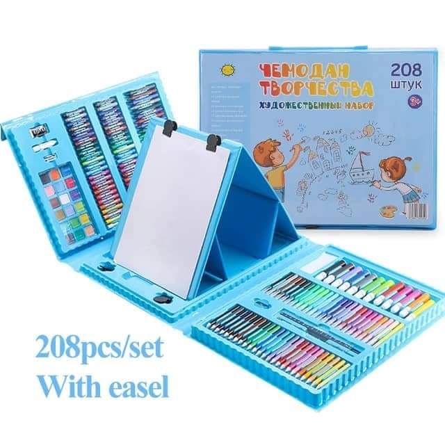 Kit de coloriage pour enfants, 208 pièces de luxe - Mallette de coloriage portable pour enfants débutants - Avec crayons de cire - Pastel à l'huile - Crayons aquarelle - Bleu_2