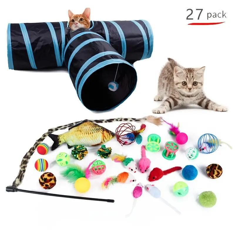 Interactive Cat Play Set – Foldable 3-Way Tunnel & Feather Teaser for Healthy Fun and Bonding, Battery-Free_0